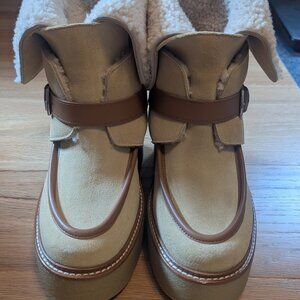 HERMES Suede Shearling Womens Hemisphere Ankle Boots 37 Beige Palomino